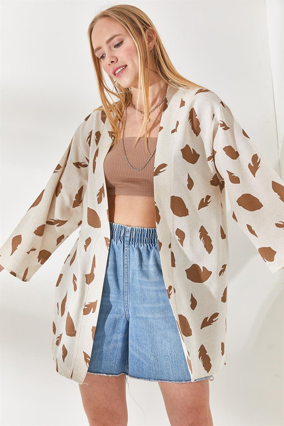 Brown Leaf Print Ivory Linen Kimono