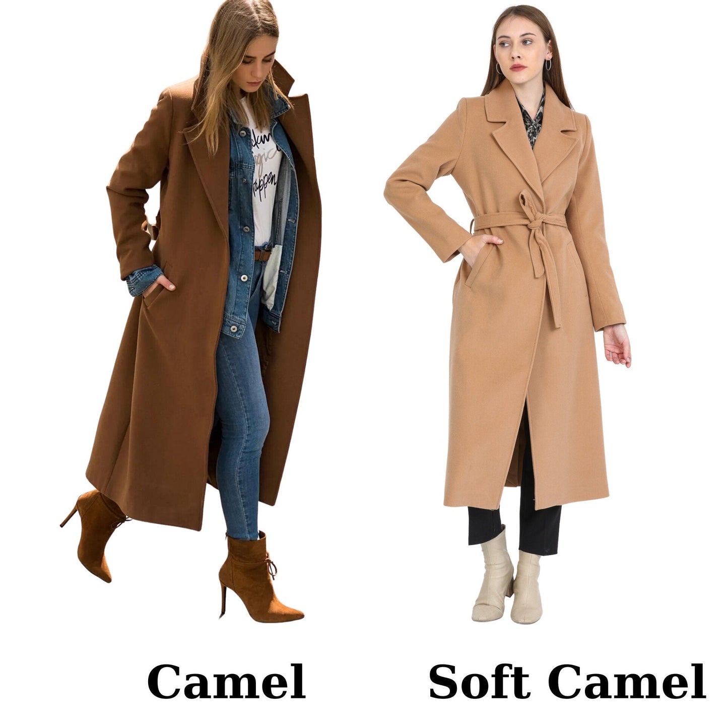 Camel Wool Long Coat with Belt and Pocket