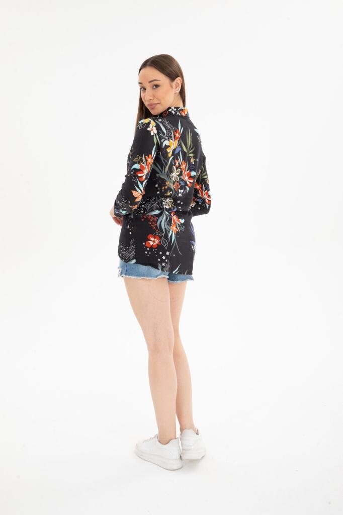 Black Colorful Floral Button-Up Blouse