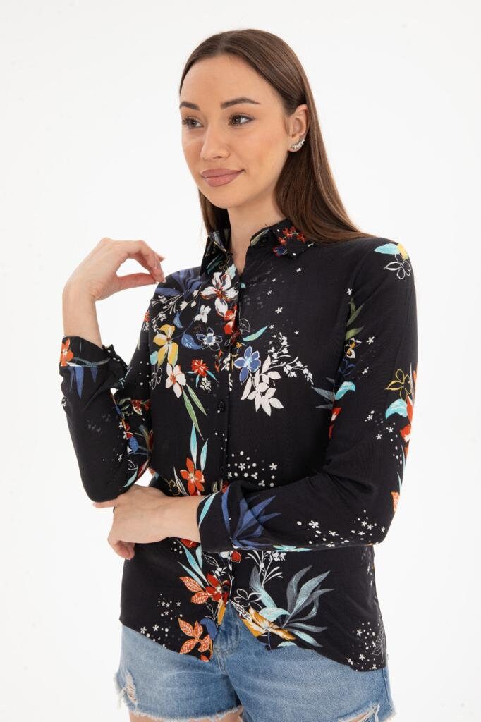 Black Colorful Floral Button-Up Blouse