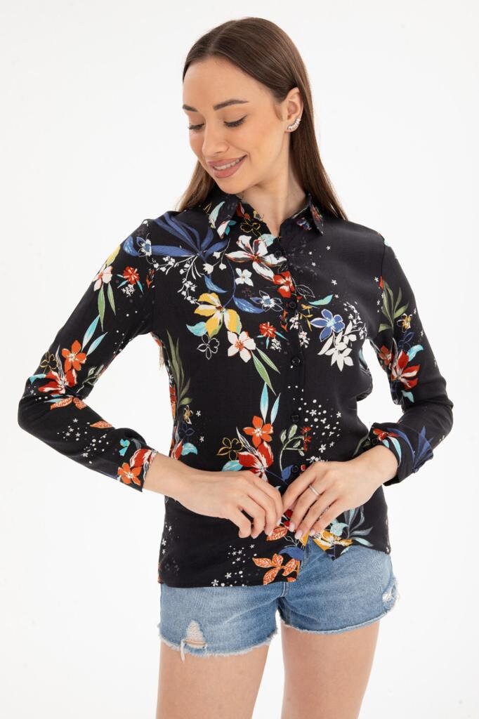 Black Colorful Floral Button-Up Blouse