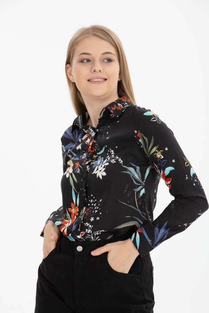 Black Colorful Floral Button-Up Blouse