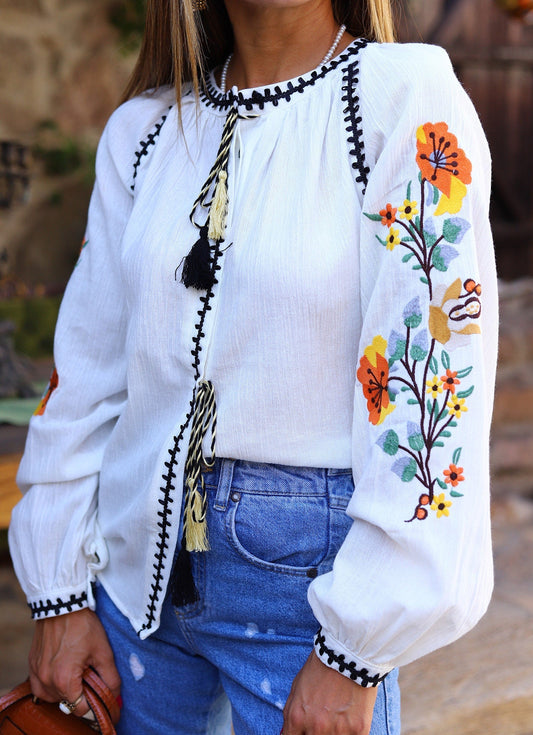 Floral Linen Embroidered White Blouse