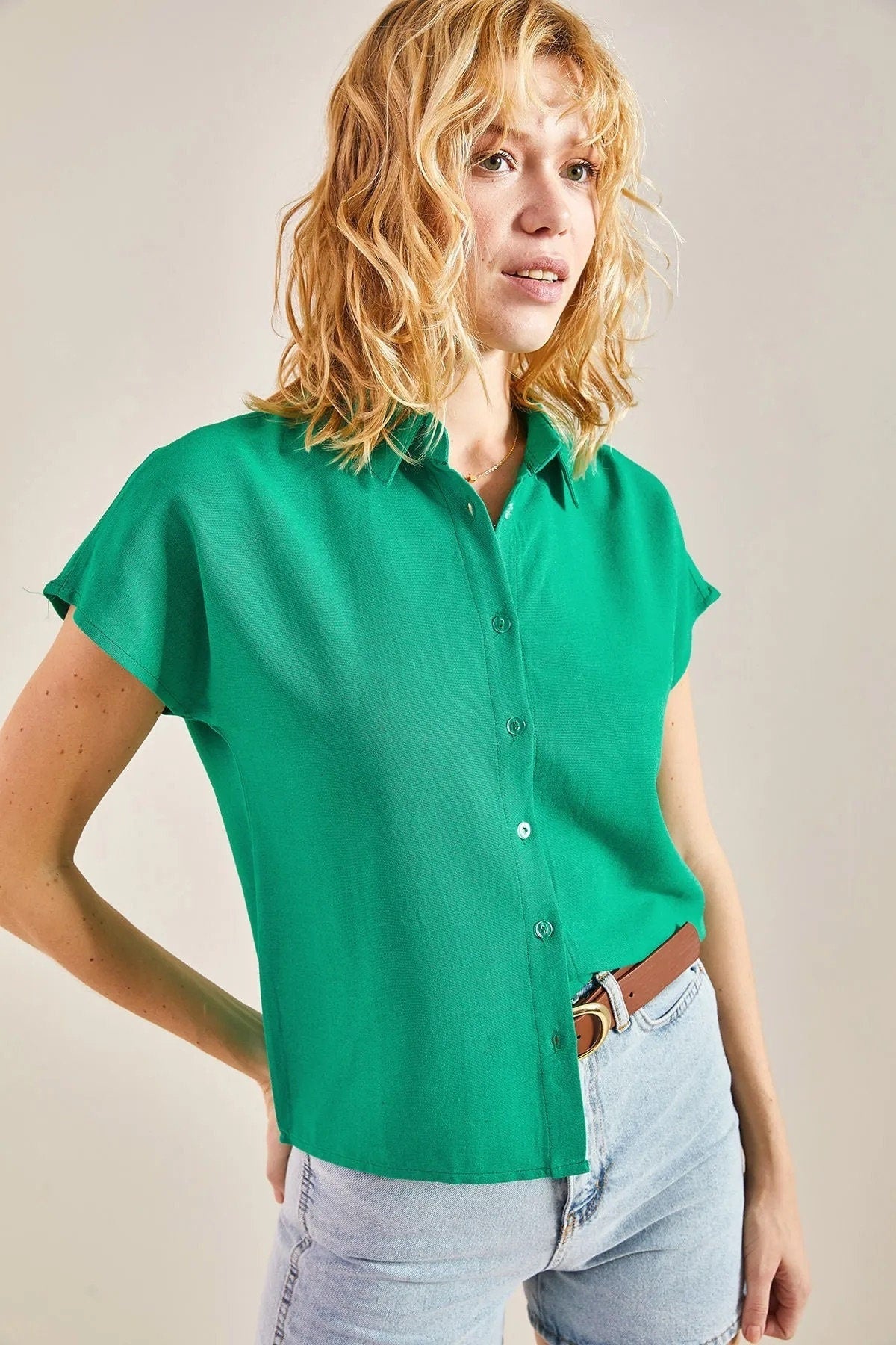 Camel Linen Short Sleeve Blouse