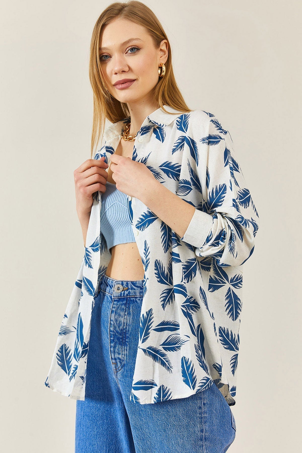 Blue Leaf Long Sleeve White Blouse