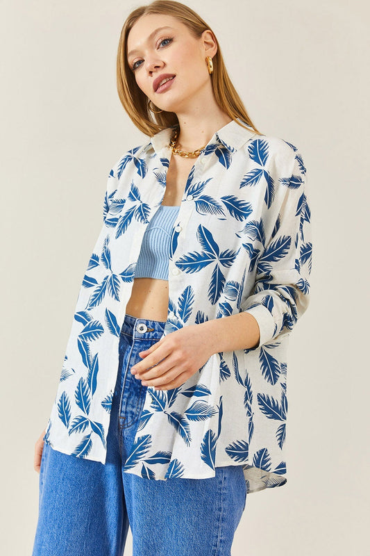 Blue Leaf Long Sleeve White Blouse