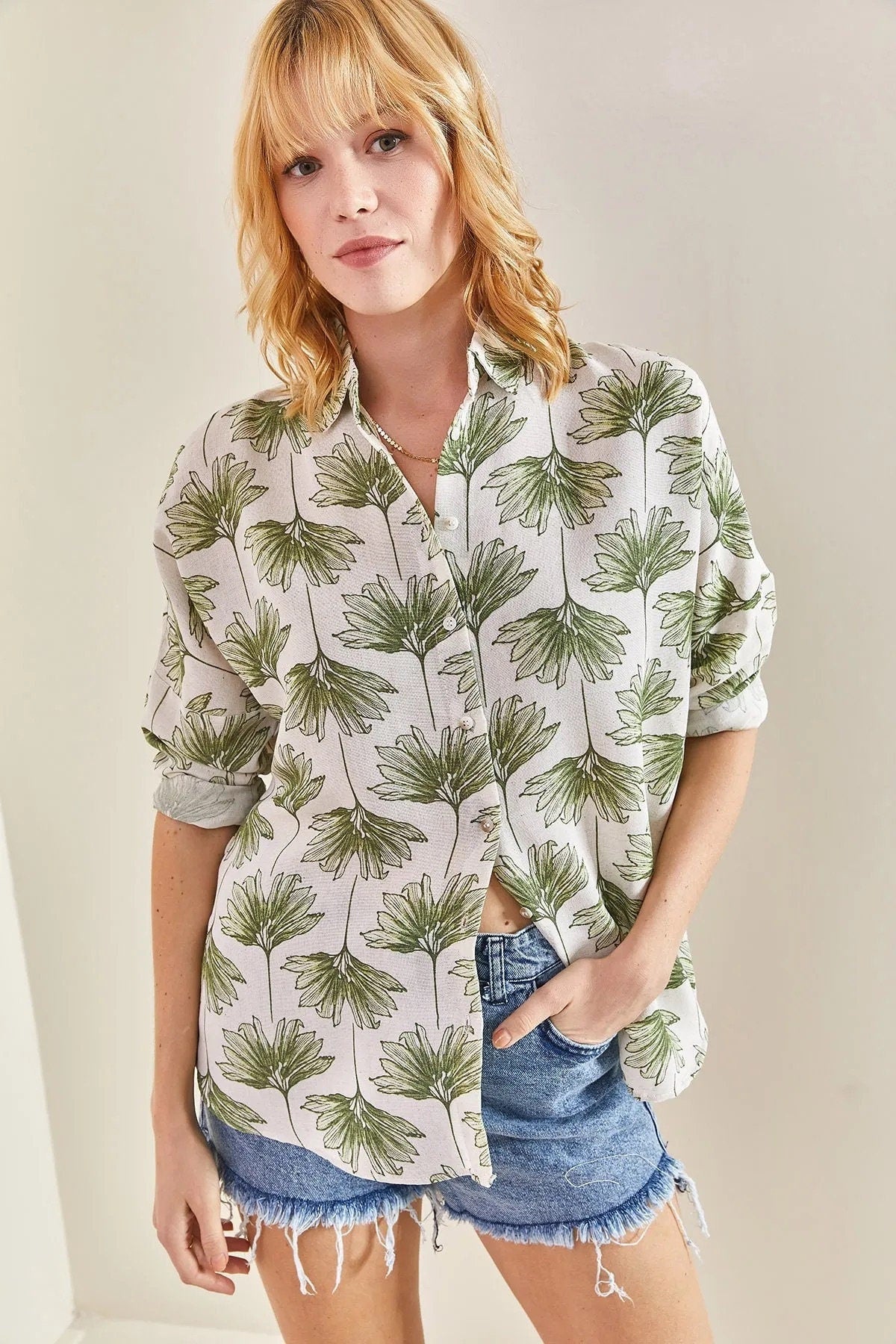 Green Gingko Print Linen Blend Blouse