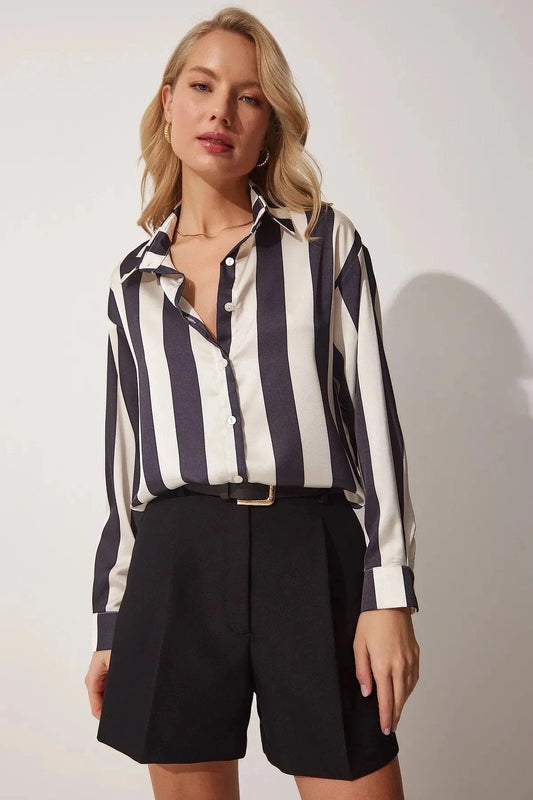 Black Ivory Striped Satin Blouse