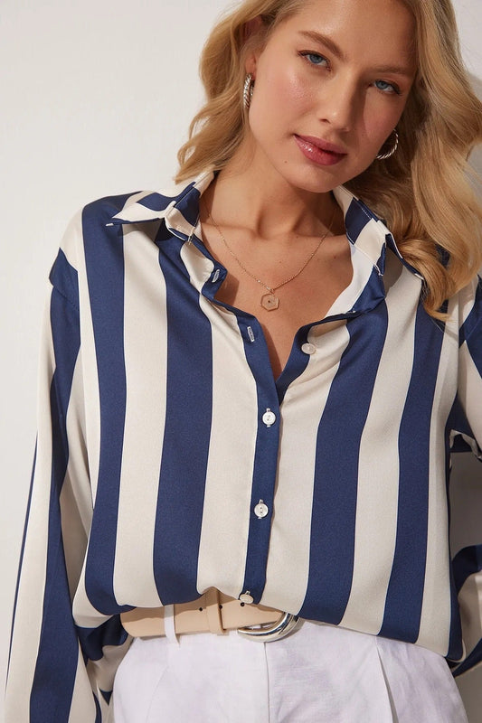 Dark Blue Ivory Striped Satin Blouse