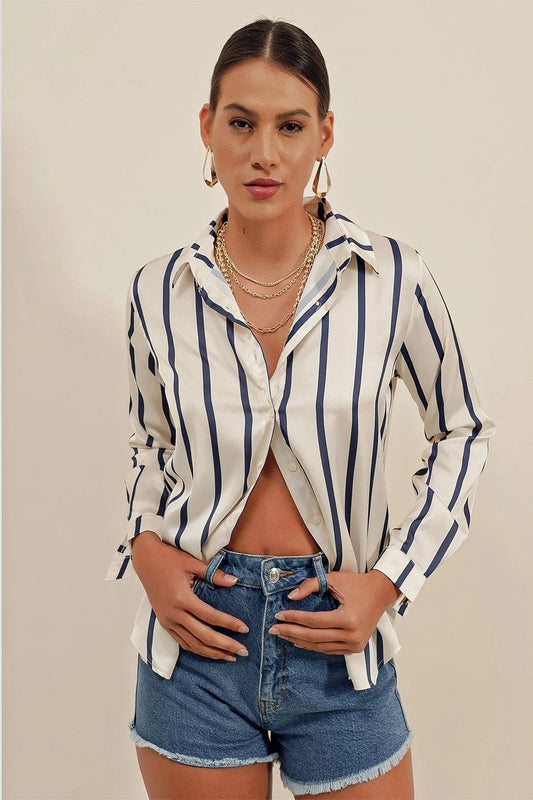 Navy & Ivory Striped Satin Blouse