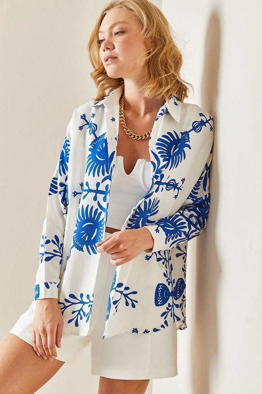 Designer Blue Floral Long Sleeved Linen Blouse