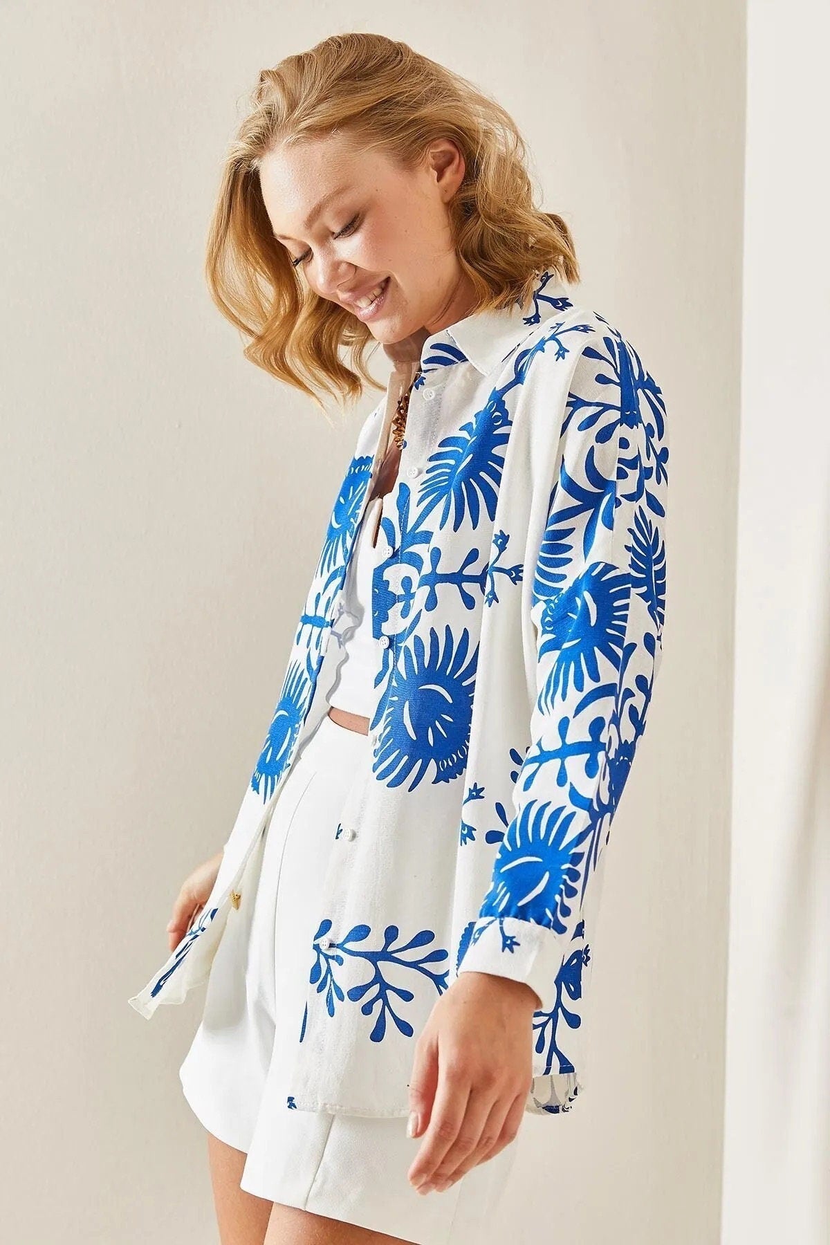 Designer Blue Floral Long Sleeved Linen Blouse