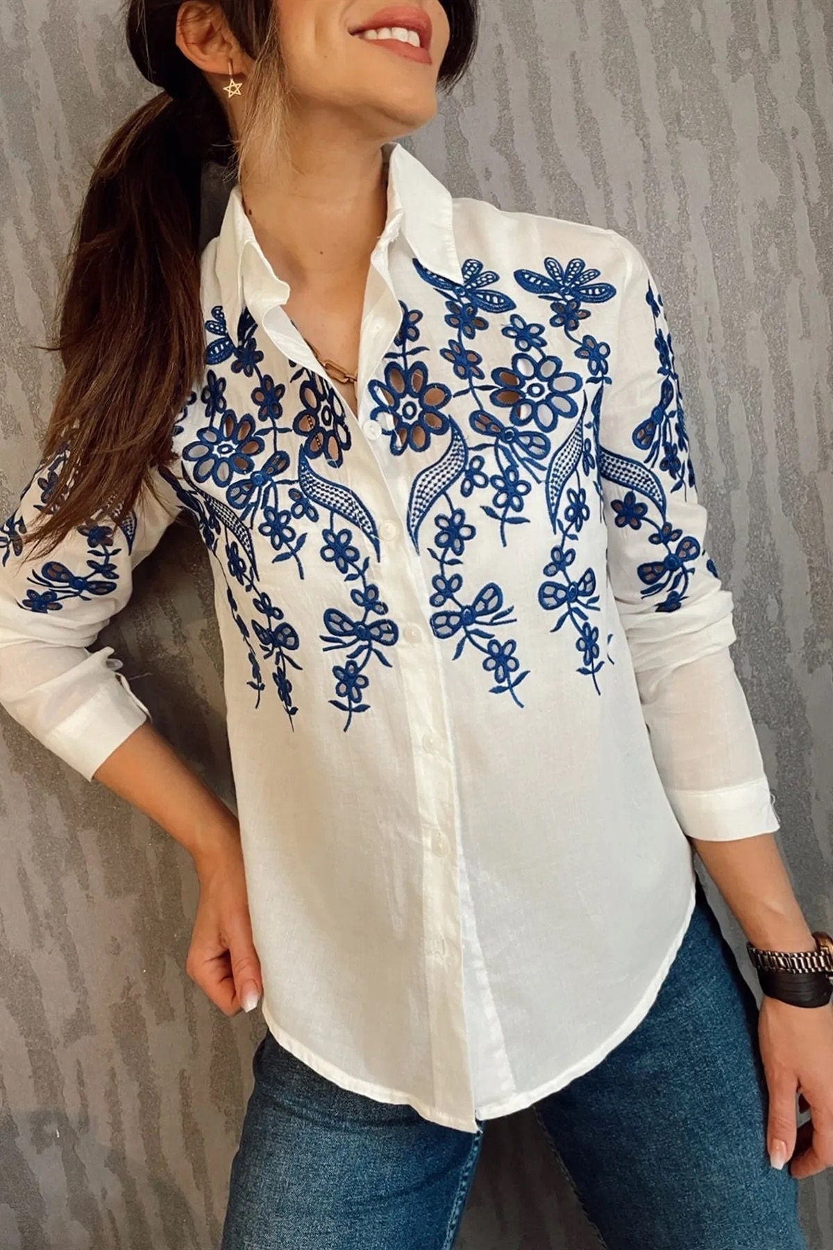 Breezy Elegance Cotton Eyelet Shirt