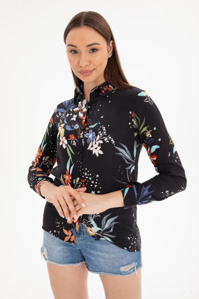 Black Colorful Floral Button-Up Blouse