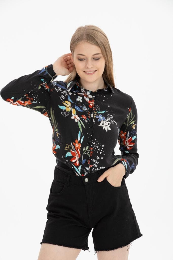 Black Colorful Floral Button-Up Blouse