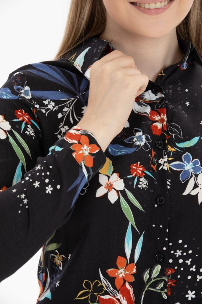 Black Colorful Floral Button-Up Blouse