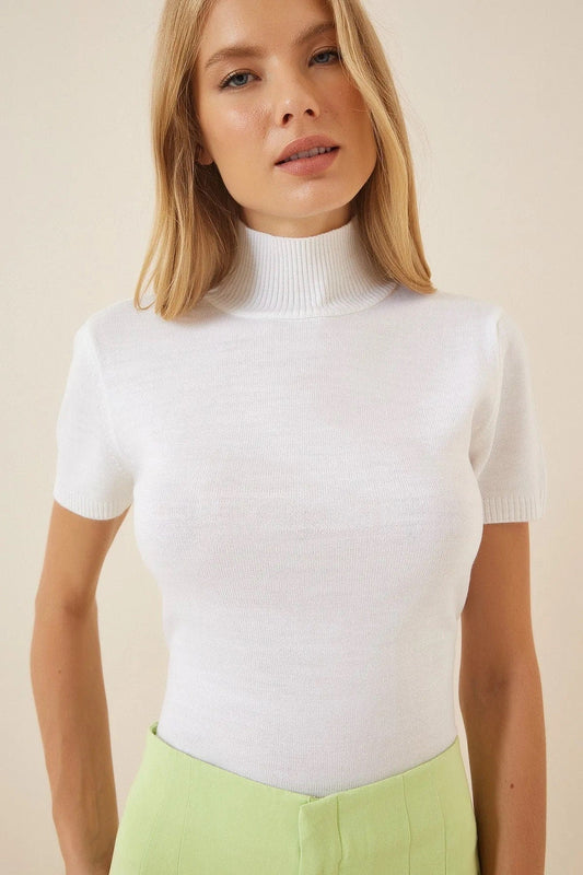 Ivory Turtleneck Short Sleeve Sweater