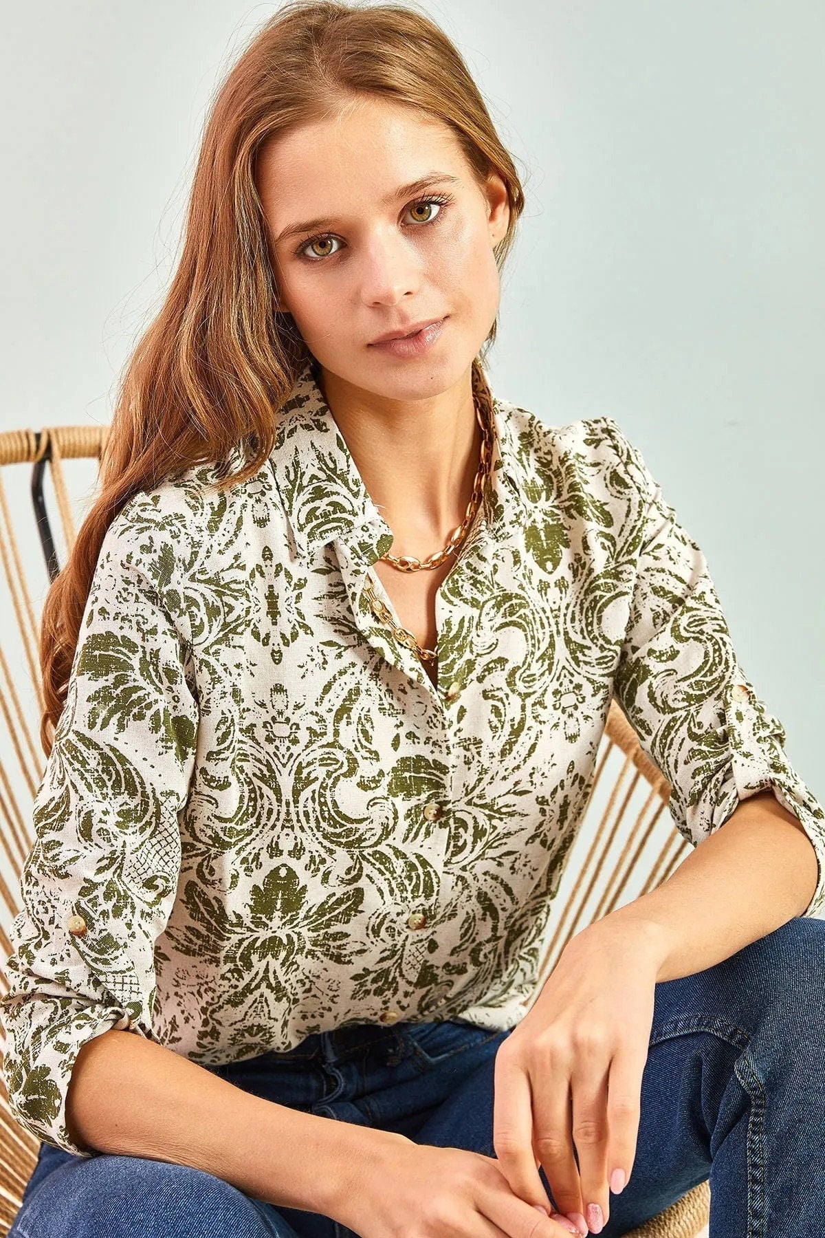 Blue Floral Designer Button-Up Blouse