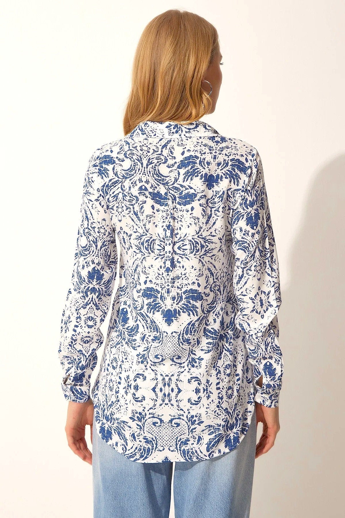 Blue Floral Designer Button-Up Blouse