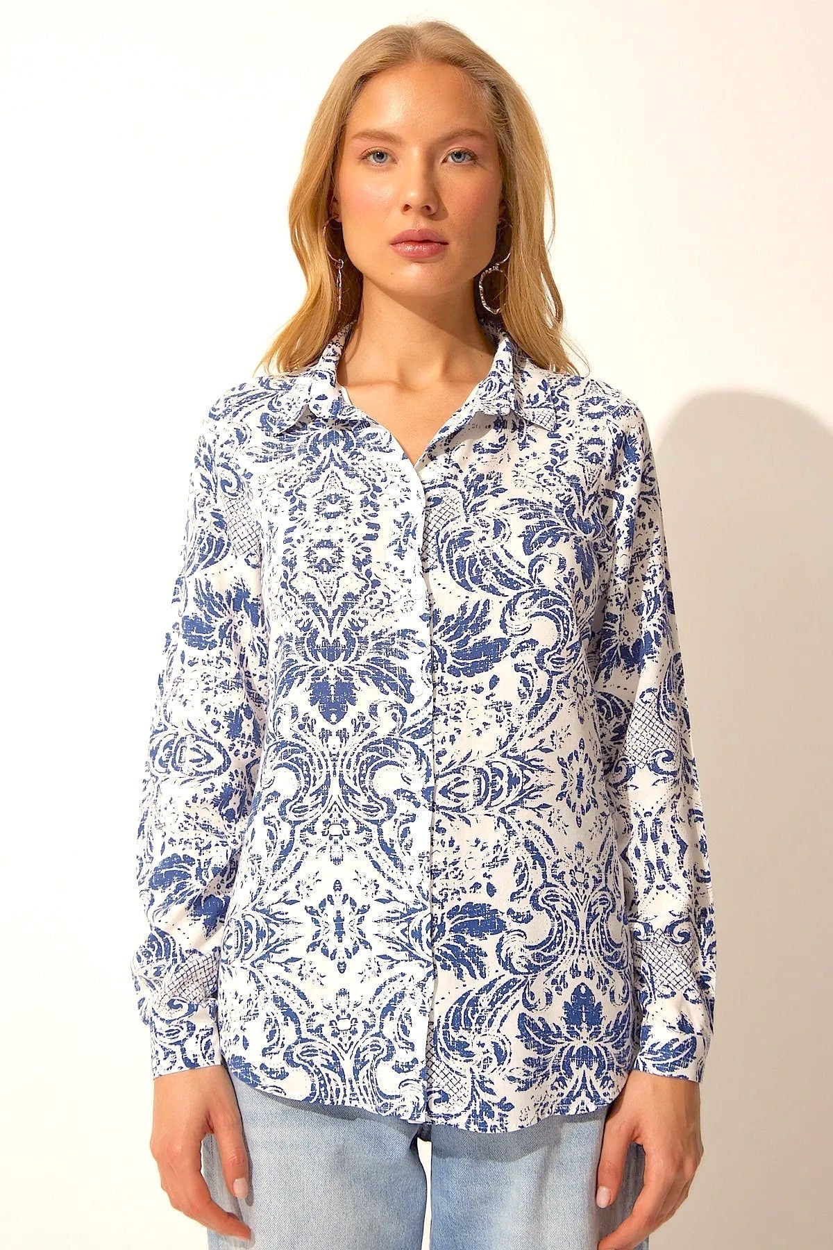 Blue Floral Designer Button-Up Blouse