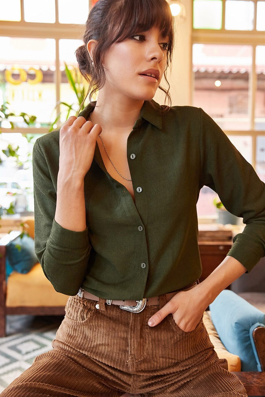 Emerald Green Velvet Button Down Shirt