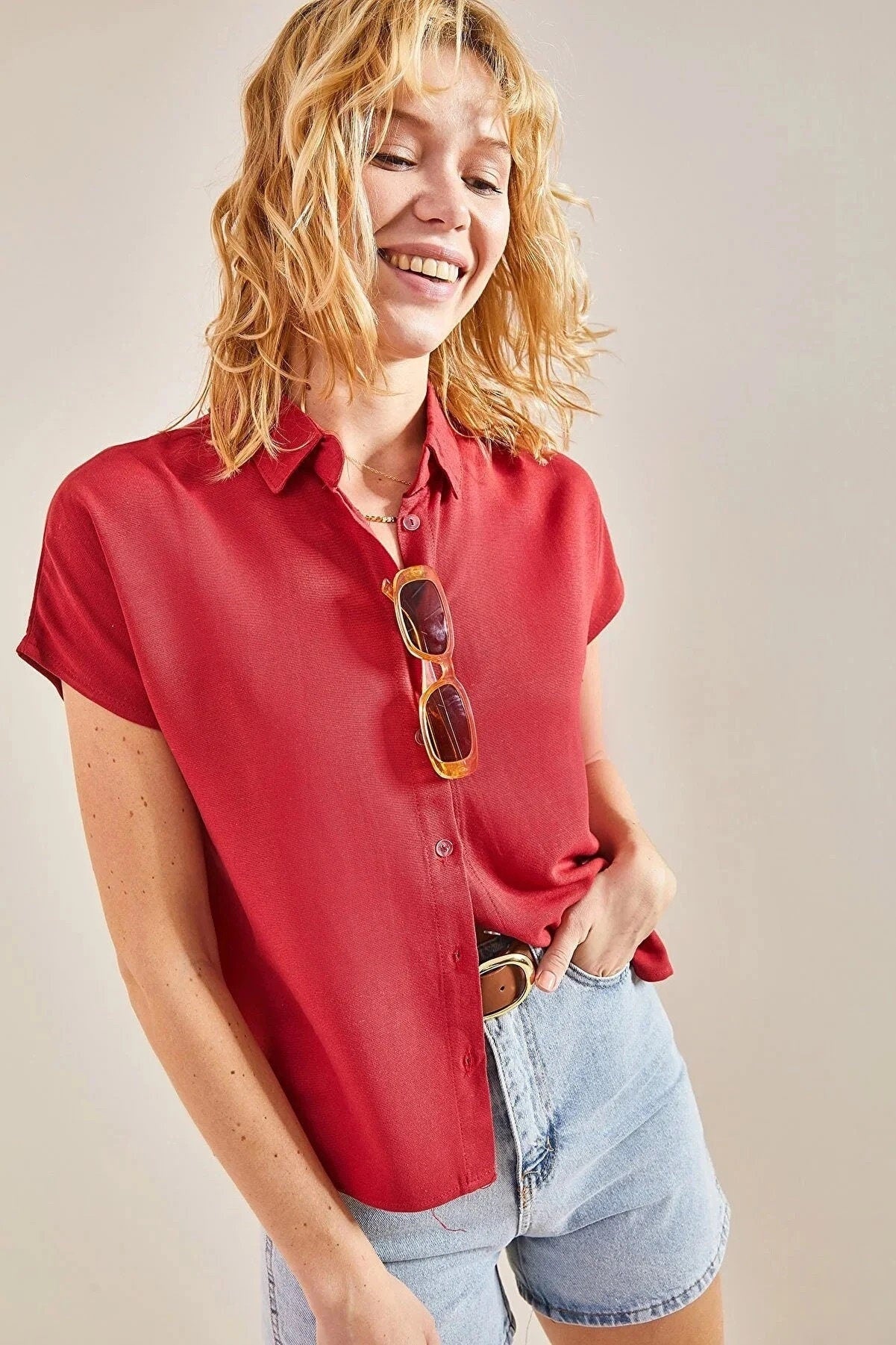 Camel Linen Short Sleeve Blouse