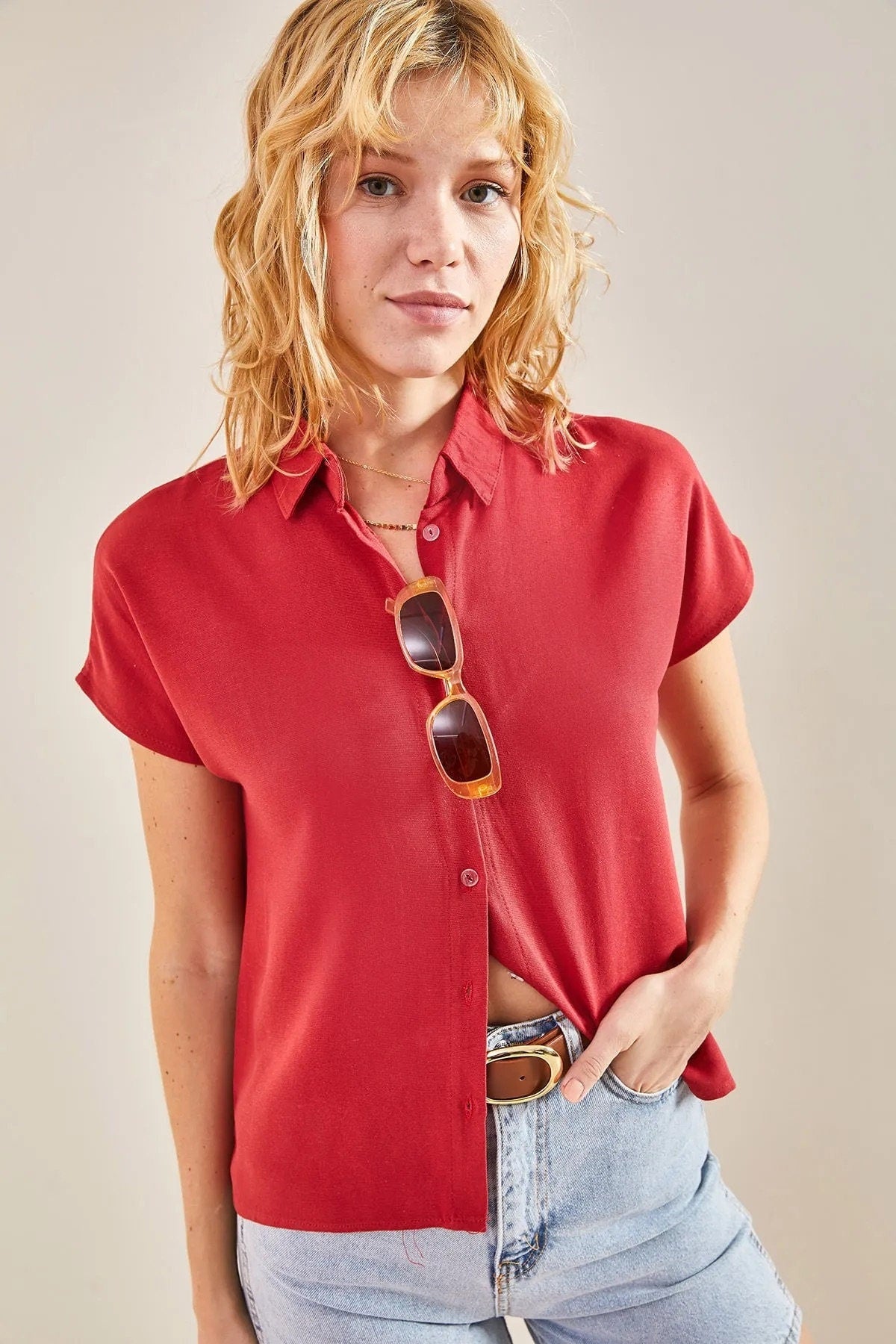 Camel Linen Short Sleeve Blouse