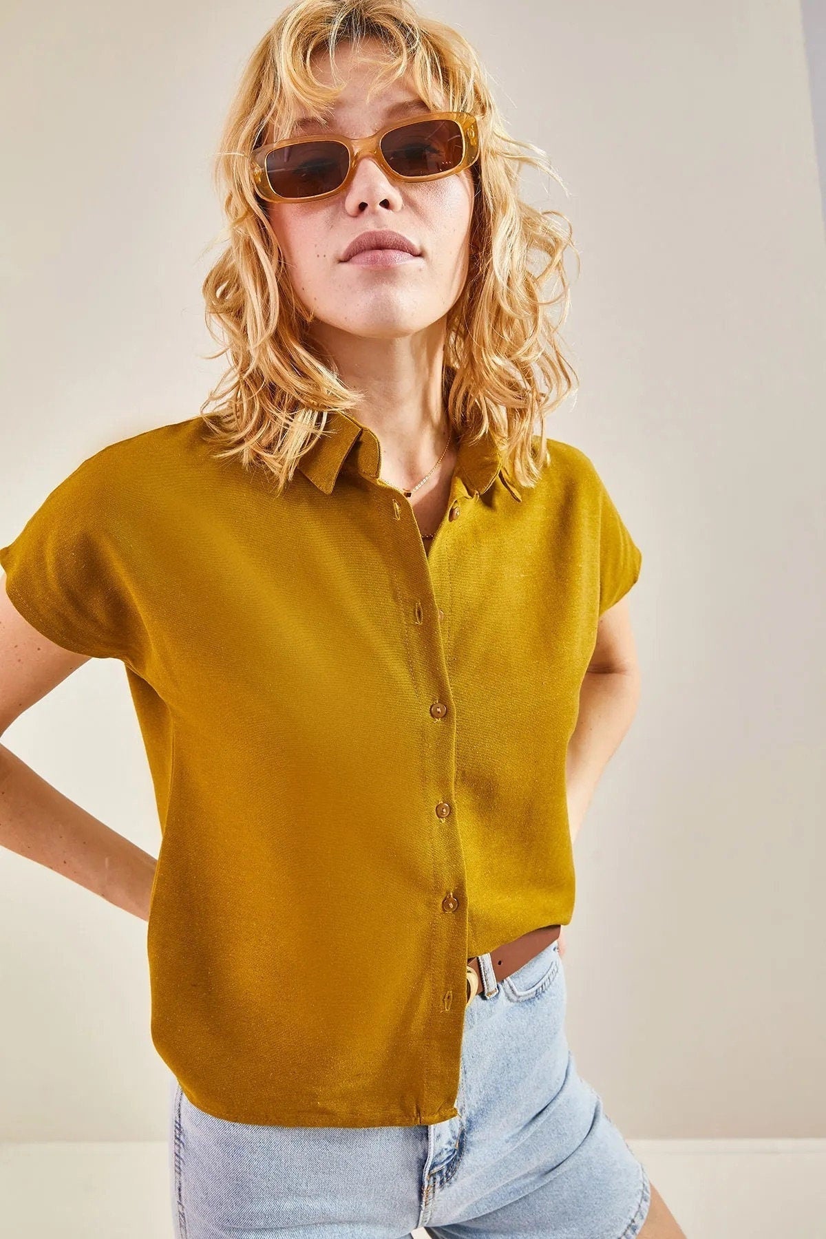 Camel Linen Short Sleeve Blouse