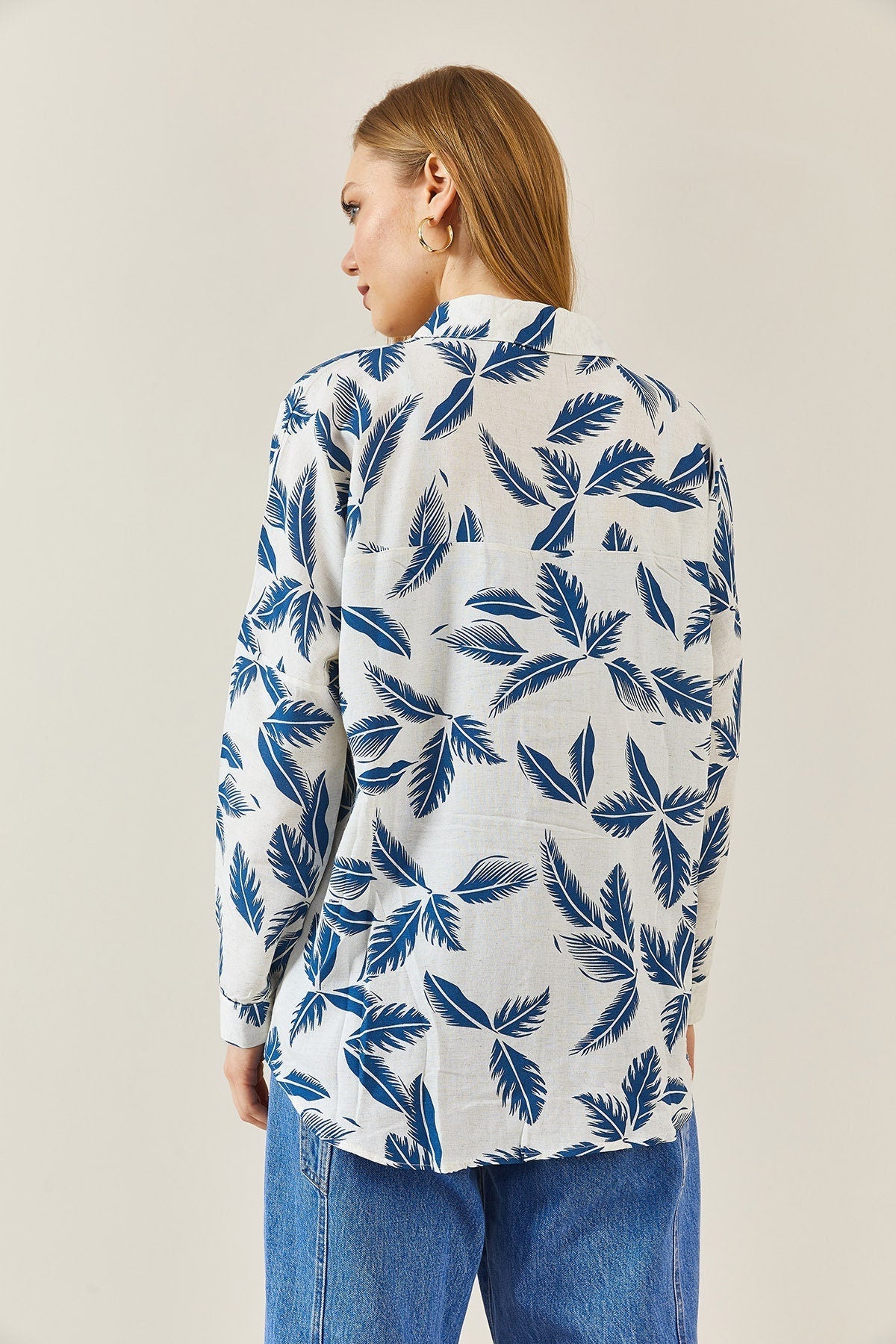 Blue Leaf Long Sleeve White Blouse