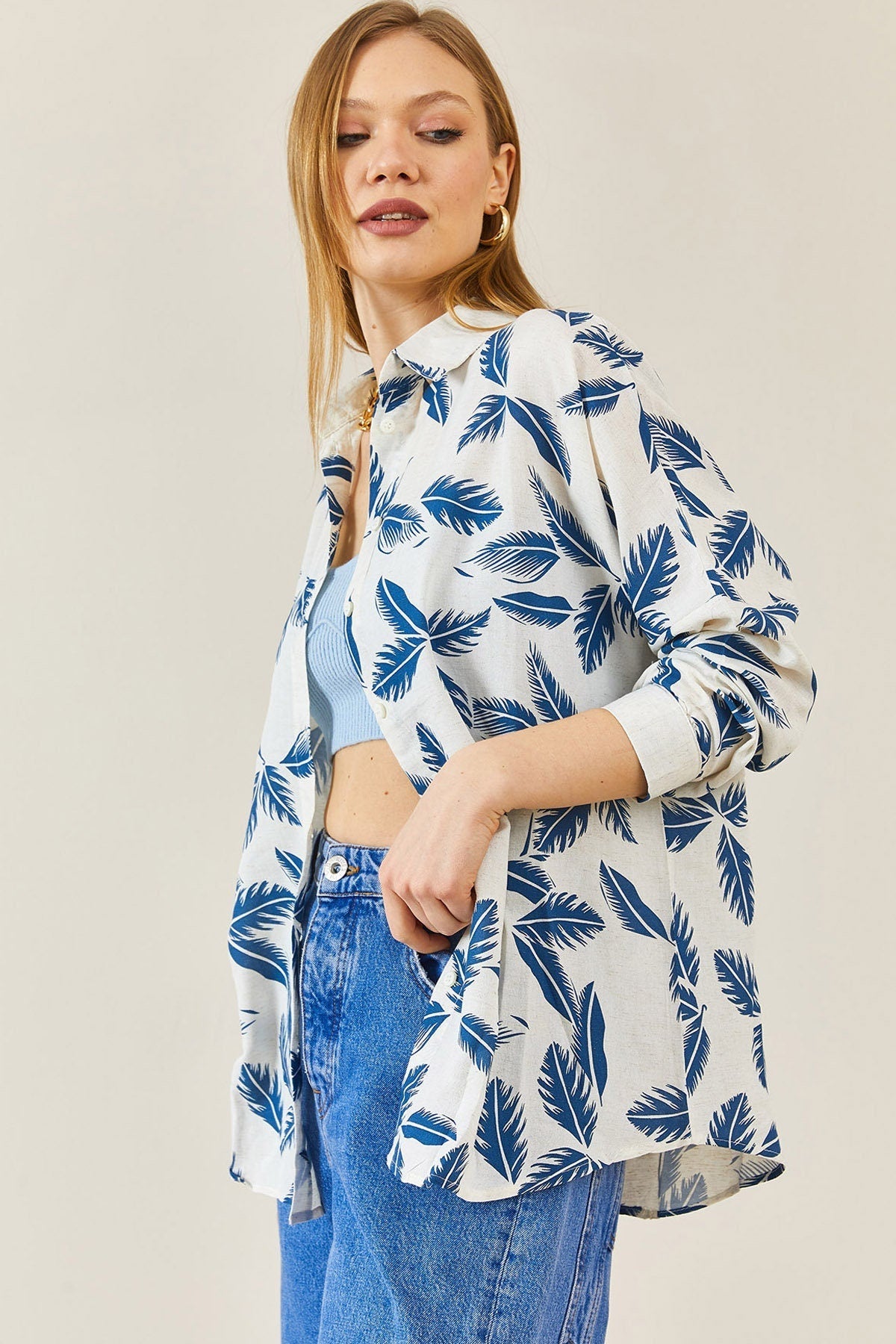 Blue Leaf Long Sleeve White Blouse