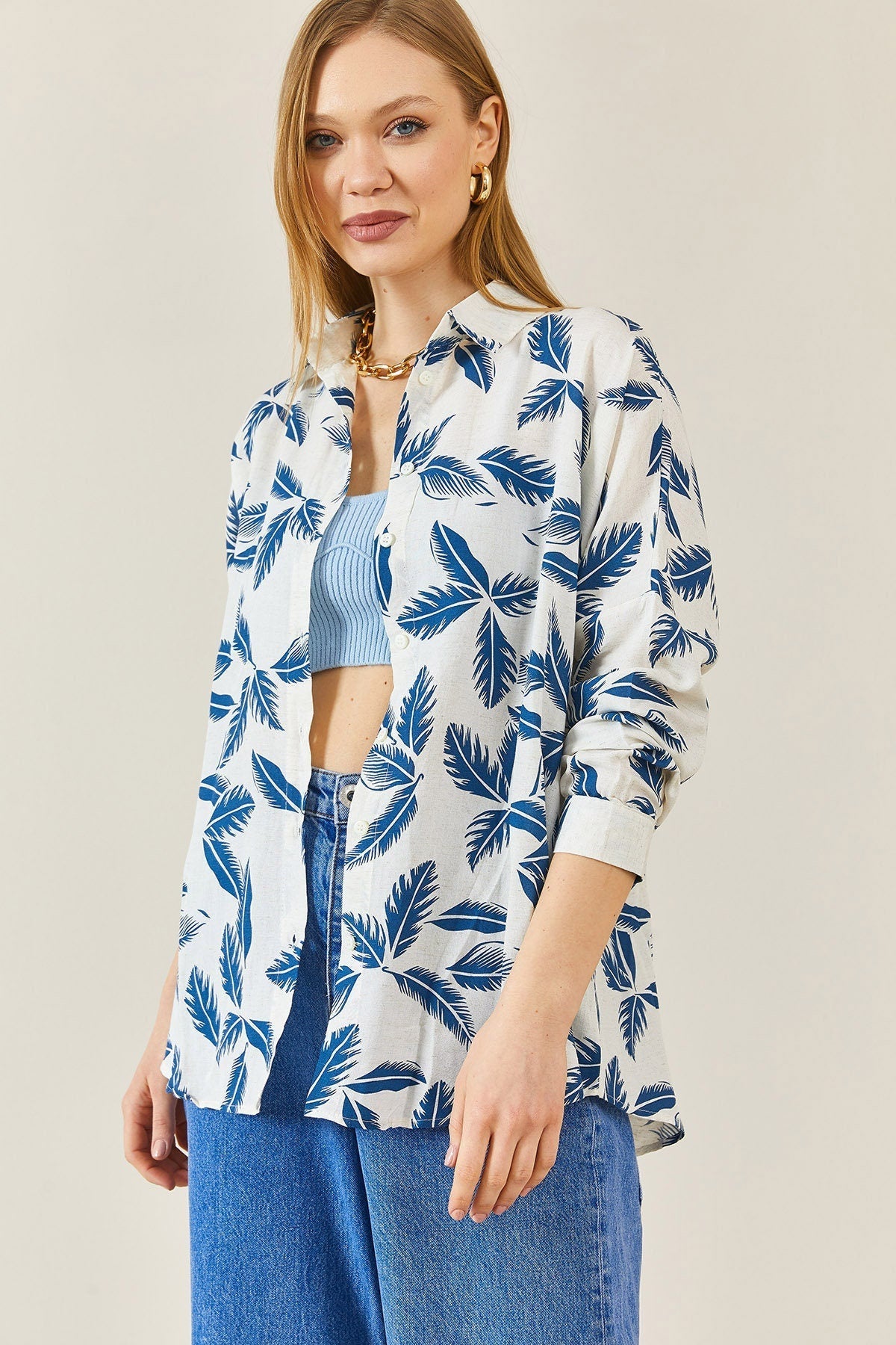 Blue Leaf Long Sleeve White Blouse