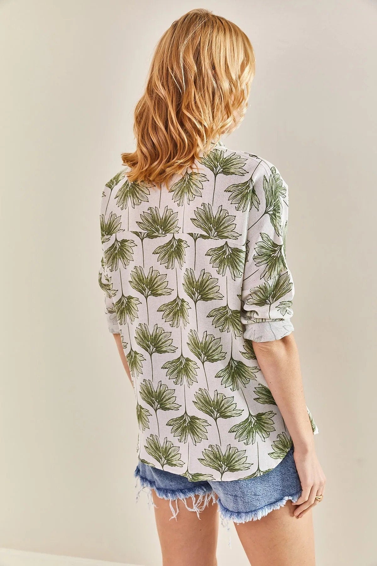 Green Gingko Print Linen Blend Blouse