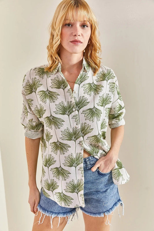 Green Gingko Print Linen Blend Blouse