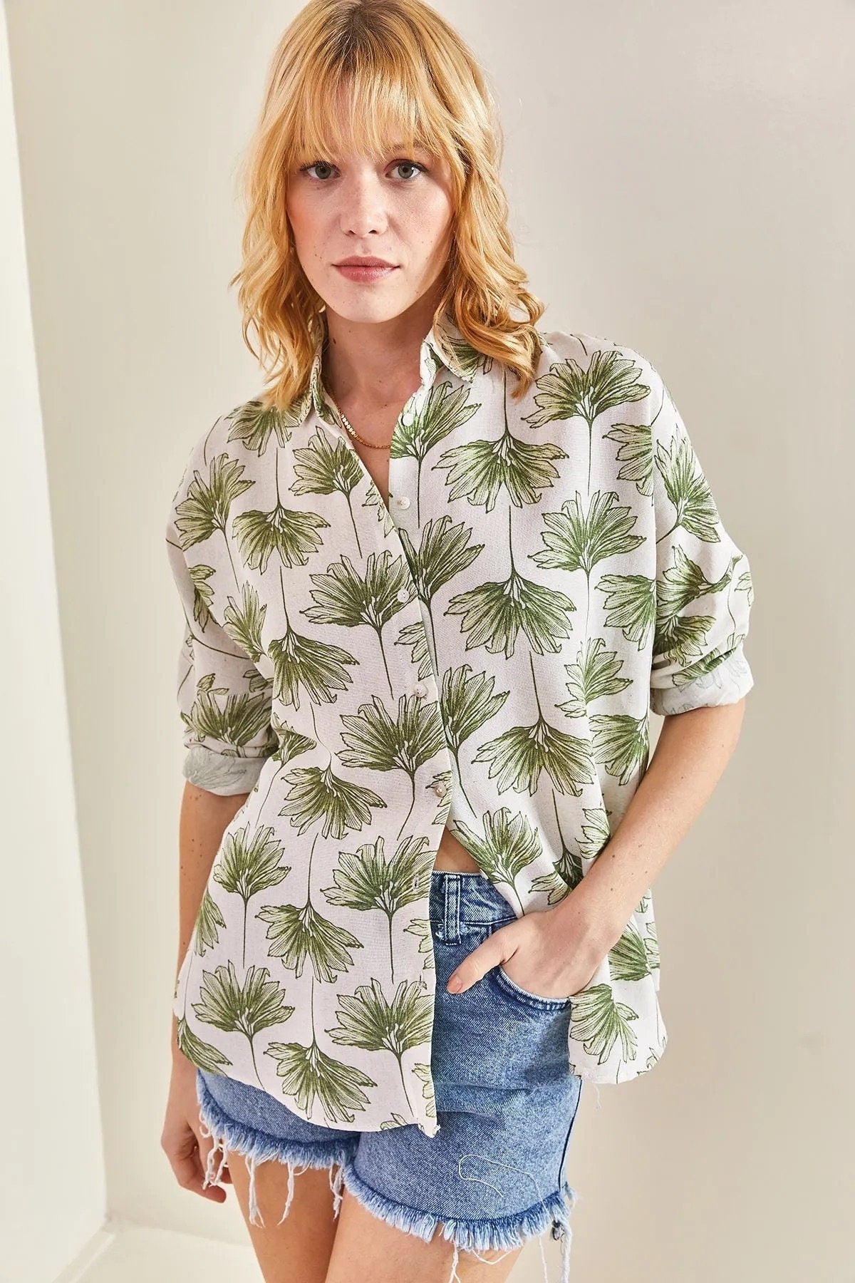 Green Gingko Print Linen Blend Blouse