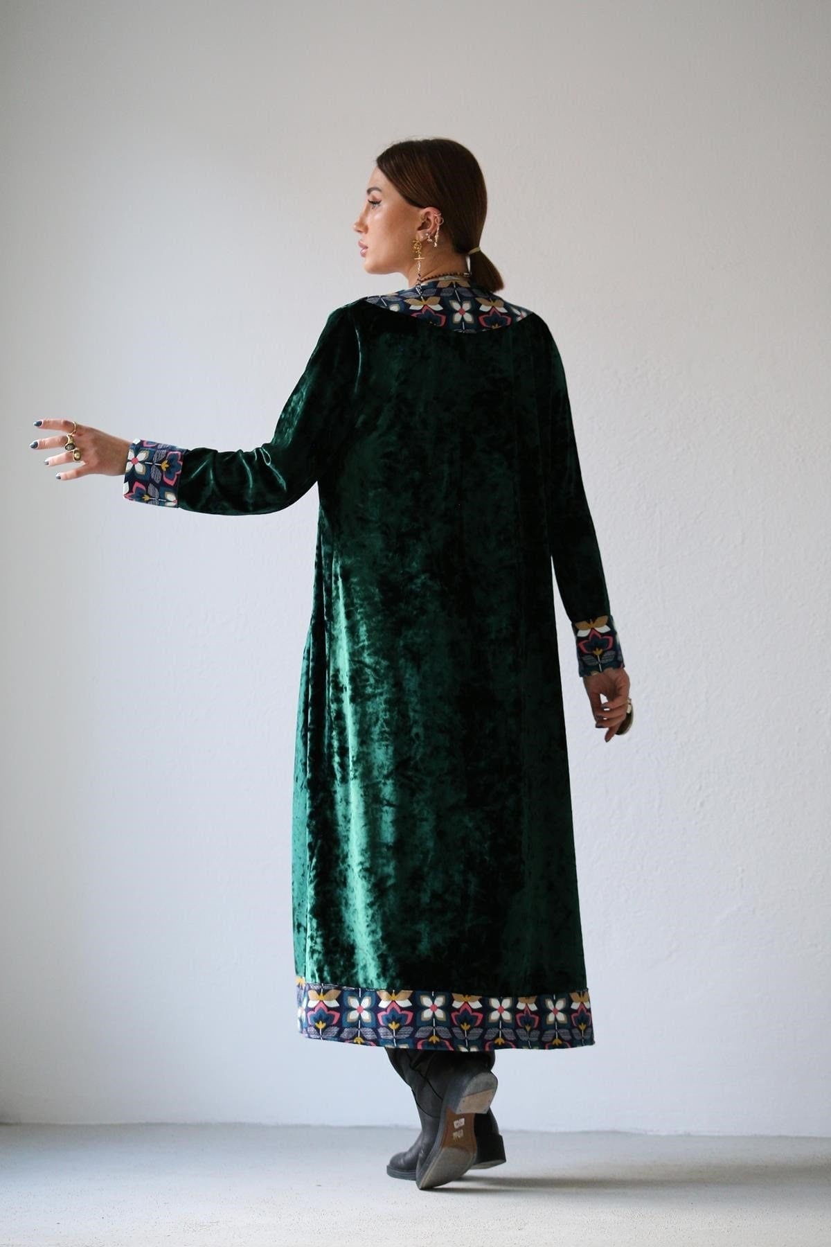 Emerald Green Ethnic Embroidered Velvet Kimono