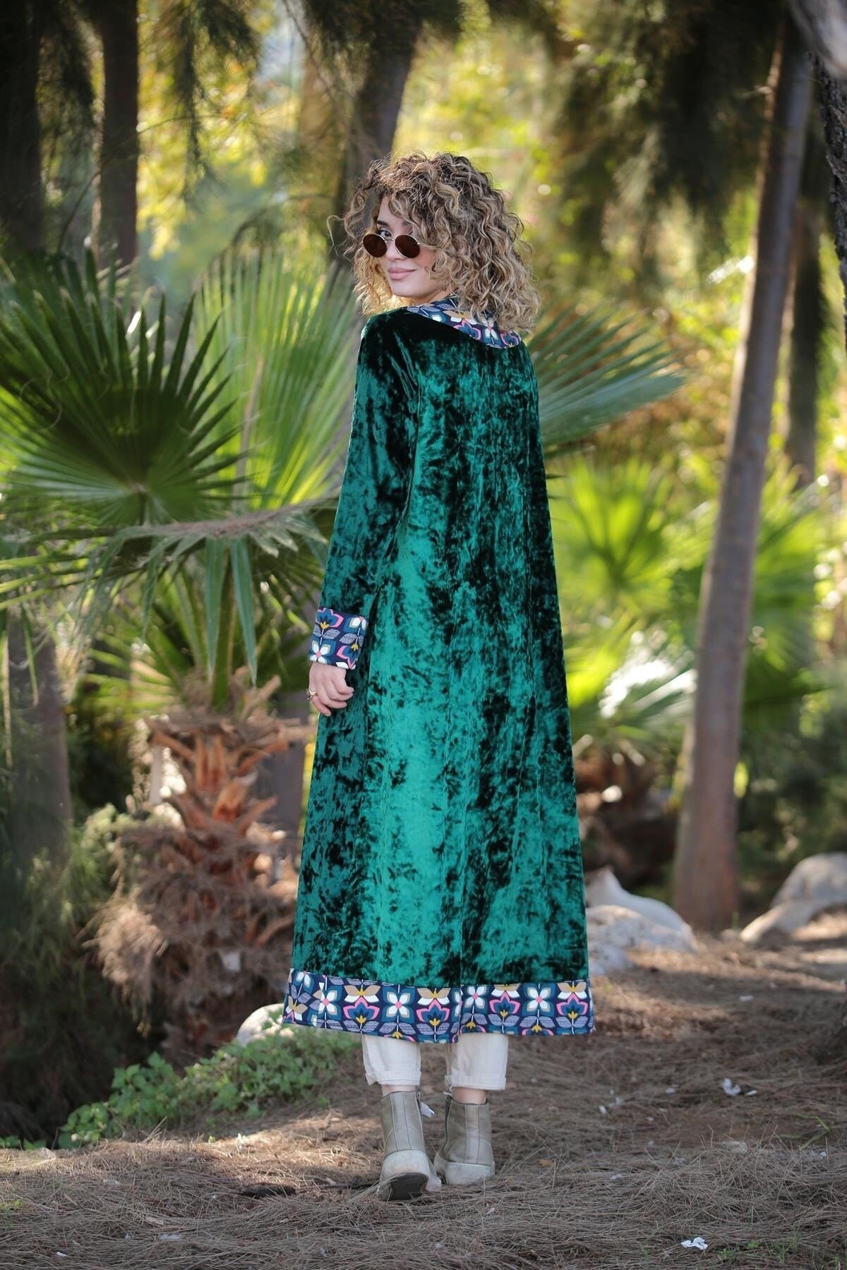 Emerald Green Ethnic Embroidered Velvet Kimono