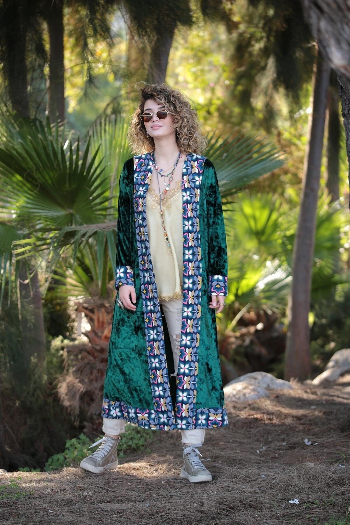 Emerald Green Ethnic Embroidered Velvet Kimono