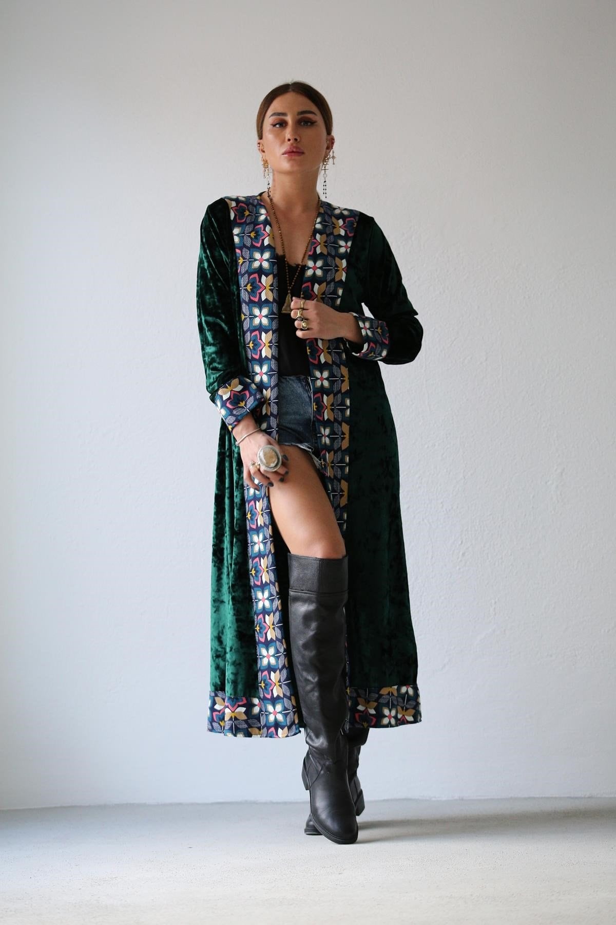 Emerald Green Ethnic Embroidered Velvet Kimono