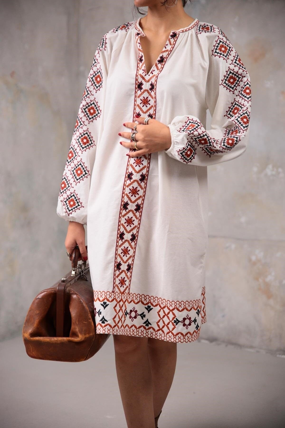 White Ethnic Embroidered Linen Dress