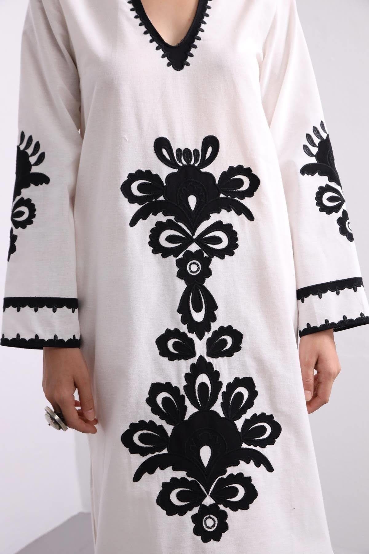 White Ethnic Embroidered Long Cotton Dress