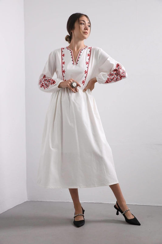 Red Floral Embroidered White Maxi Long Ethnic Dress