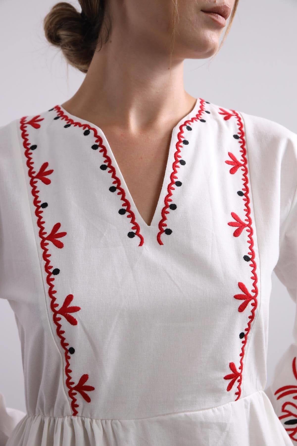 Red Floral Embroidered White Maxi Long Ethnic Dress