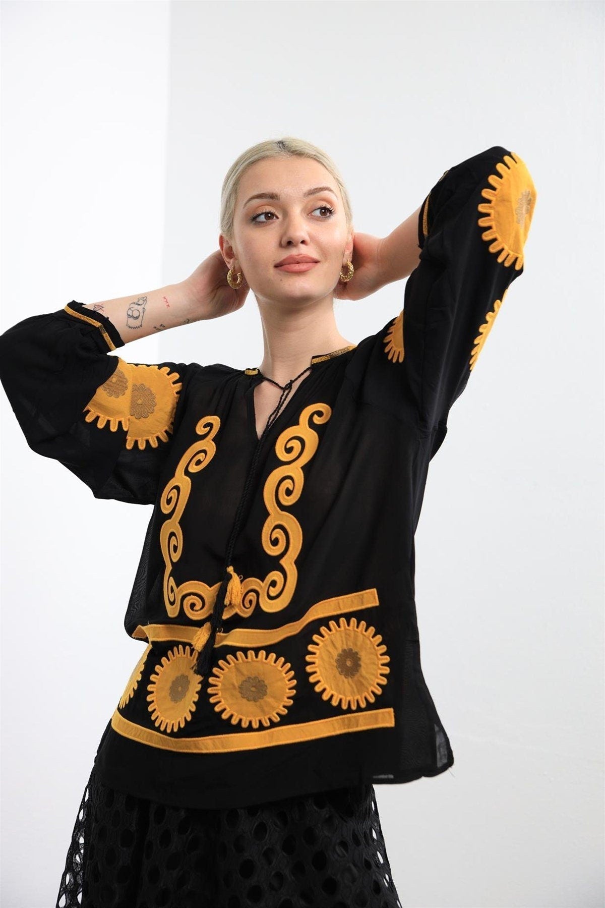 Black Sunflower Embroidered Blouse