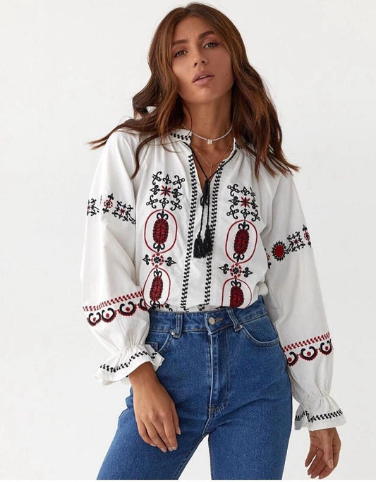 Red Black Embroidered White Ethnic Blouse