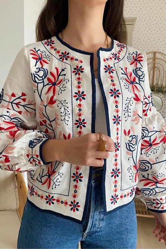 Floral Embroidered Bishop Sleeve Jacket