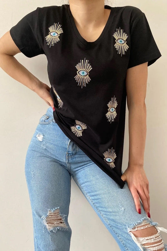 Evil Eye Sequin T-shirt - Zwart 