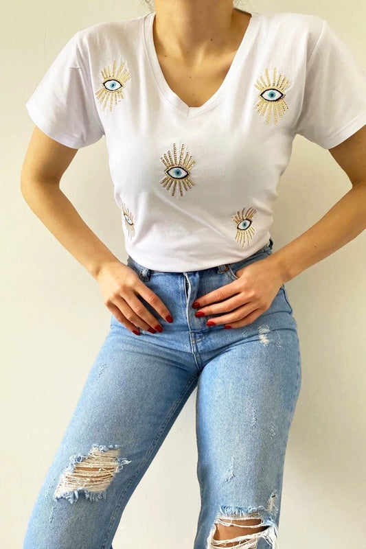Boze Oog Pailletten T-shirt - Wit 