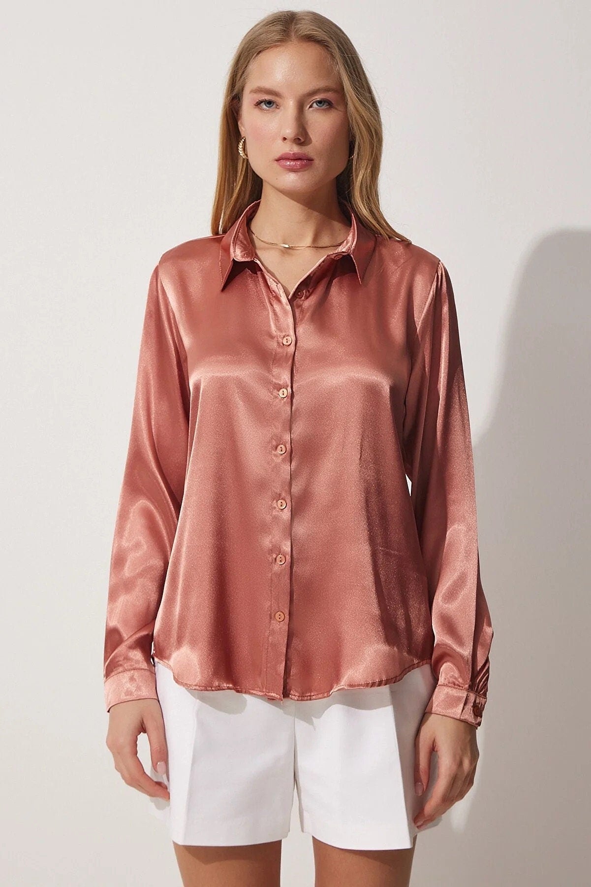 Classic Designer Long Sleeved Satin Blouse