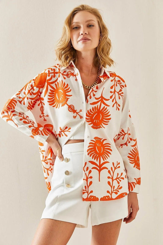 Designer Orange Floral Long Sleeved Linen Blouse