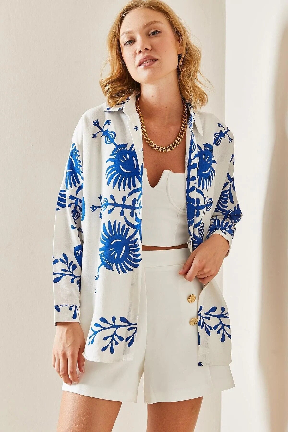 Designer Blue Floral Long Sleeved Linen Blouse